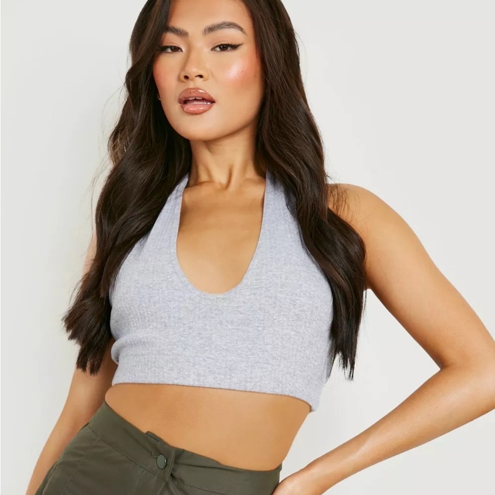 Missguided Gray Ribbed Micro Halterneck Bralet